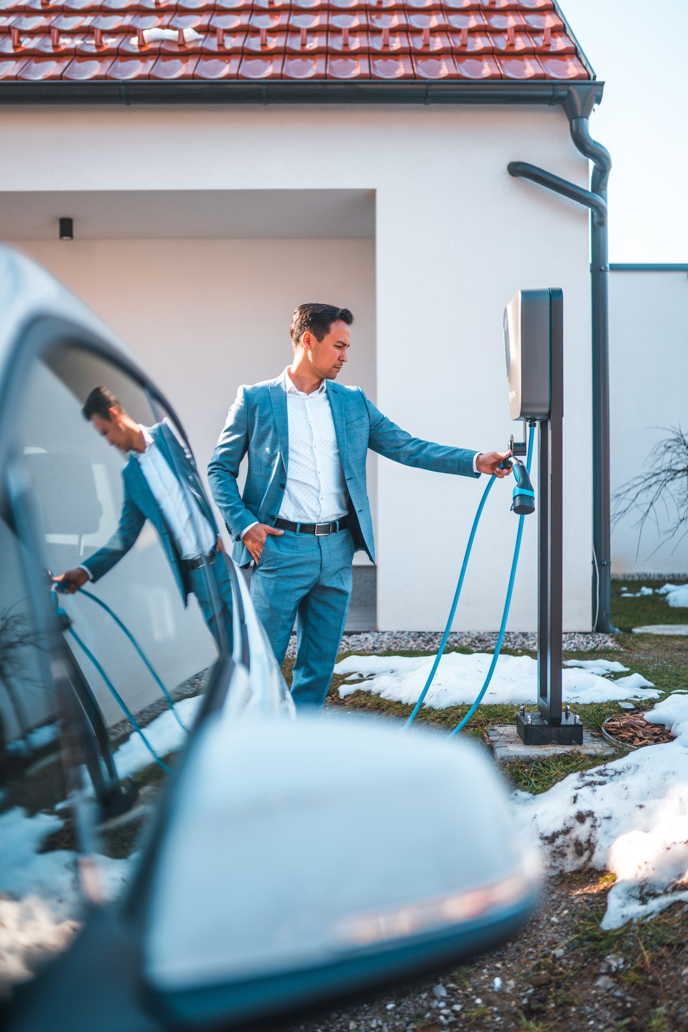 Sustainability at Home, Electric Car and Businessman